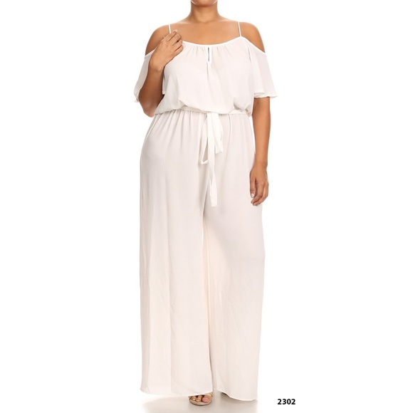 white cold shoulder jumpsuit